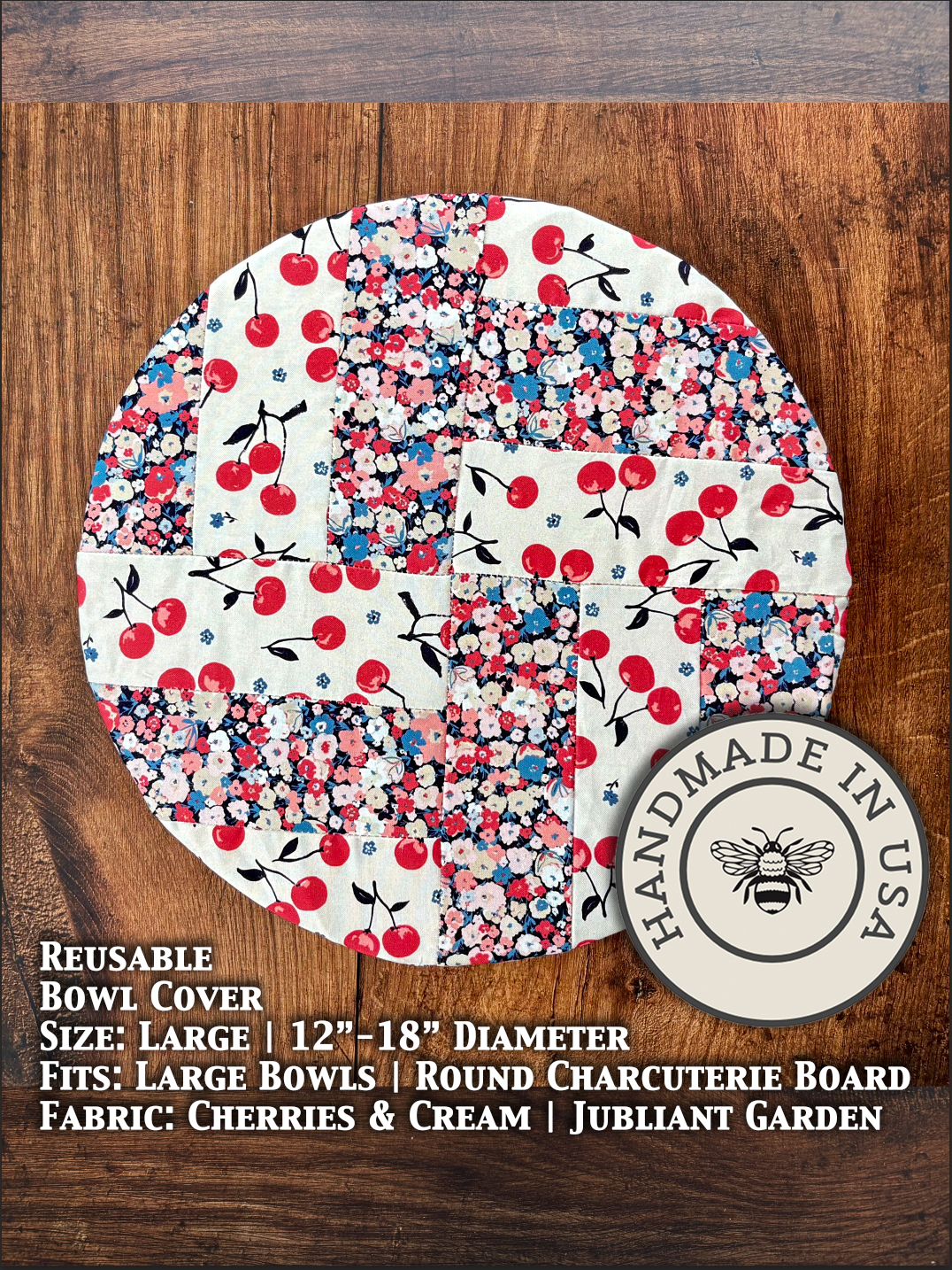 Large bowl covers from Five Oaks Farm featuring cherries and cream design, perfect for protecting bowls in the kitchen.