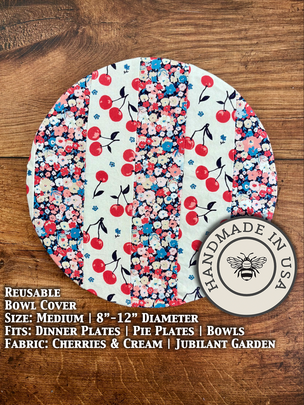 Medium bowl and banneton covers from Five Oaks Farm, with cherries and cream in a jubilant garden setting.