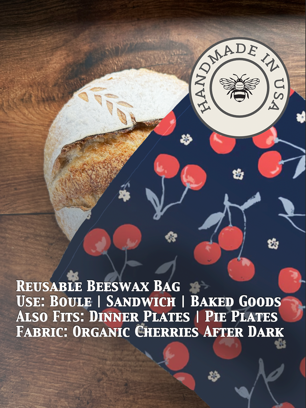 Beeswaxed bread bag from Five Oaks Farm with cherries design, ideal for storing bread in a natural, eco-friendly way.