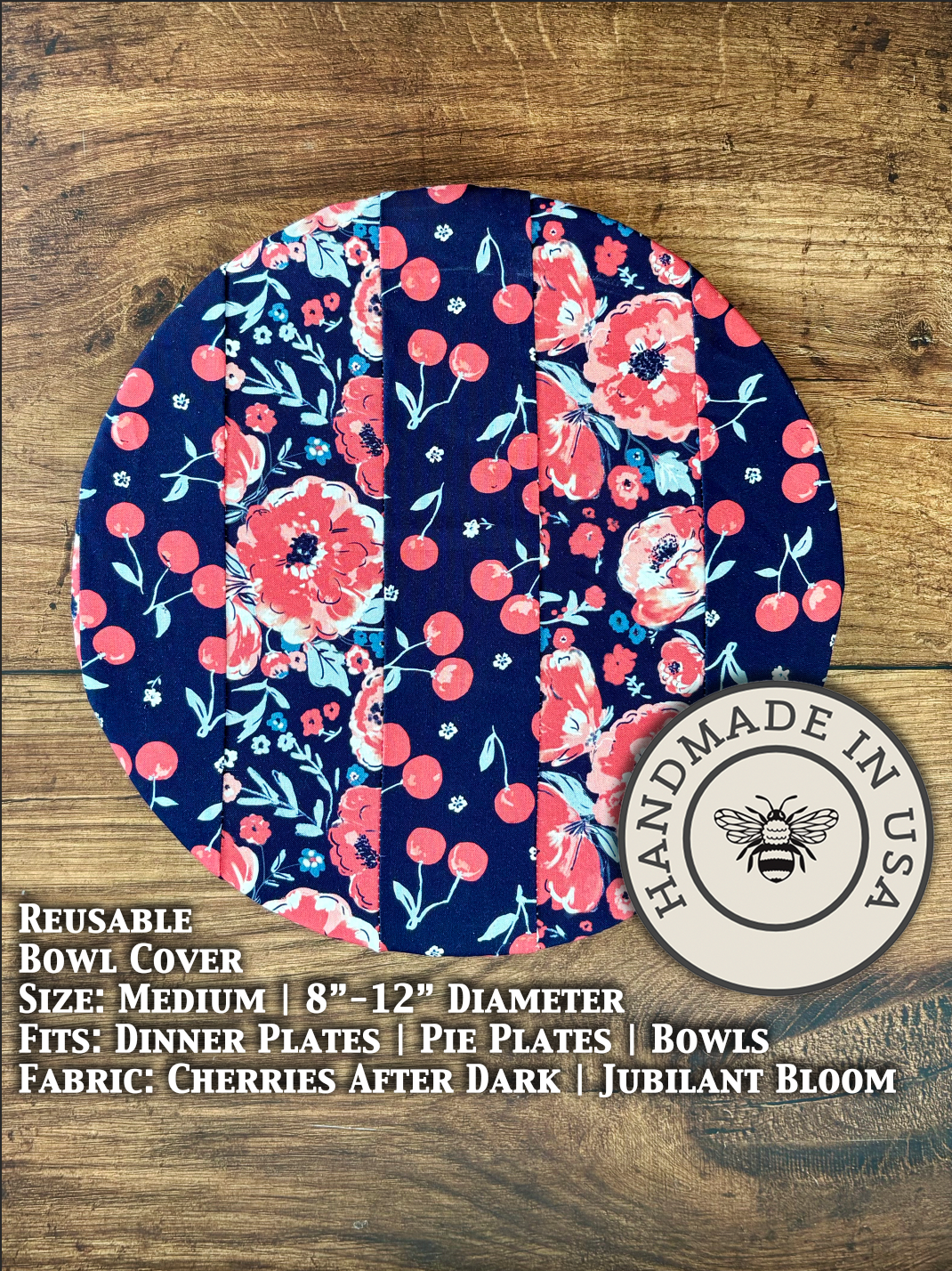 Medium bowl and banneton covers from Five Oaks Farm, with cherries and dark Jubilee bloom on natural fabric background.