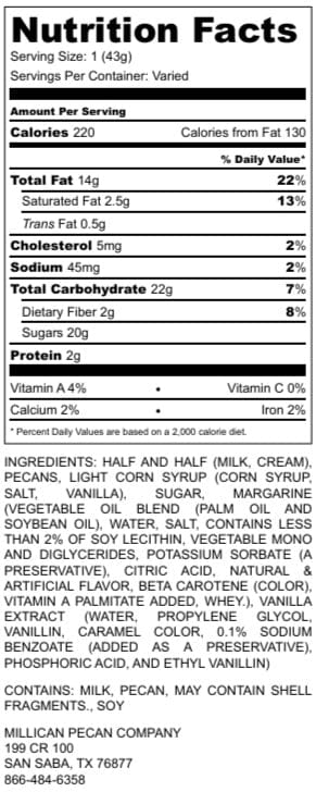 Nutritional label for Millican Pecan Chewy Pecan Pralines gift box, showing ingredients and nutritional information on the packaging.