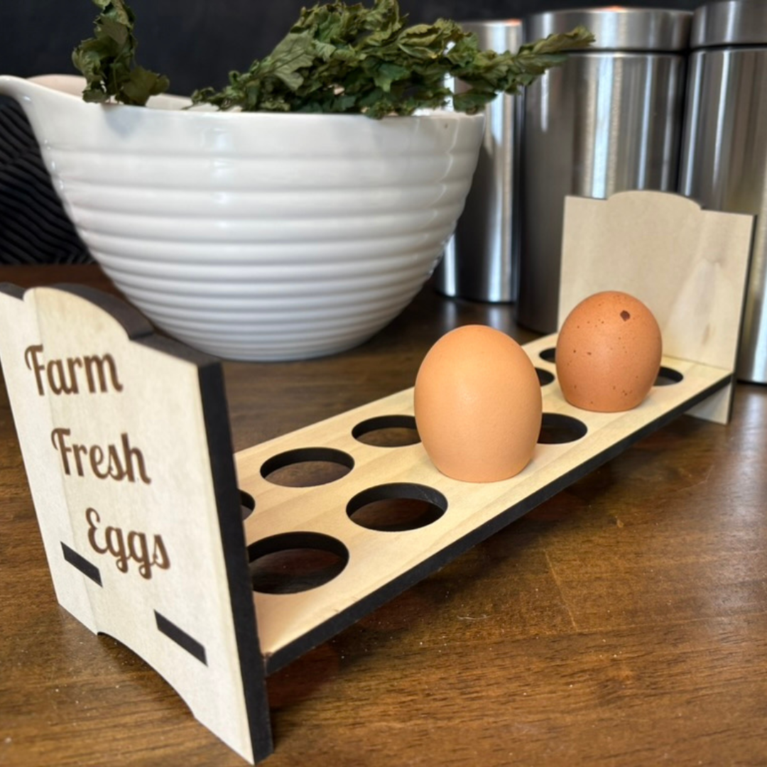 Countertop chicken egg holder by Quailz.com for farm-fresh eggs, featuring a rustic wooden design with eggs displayed inside.