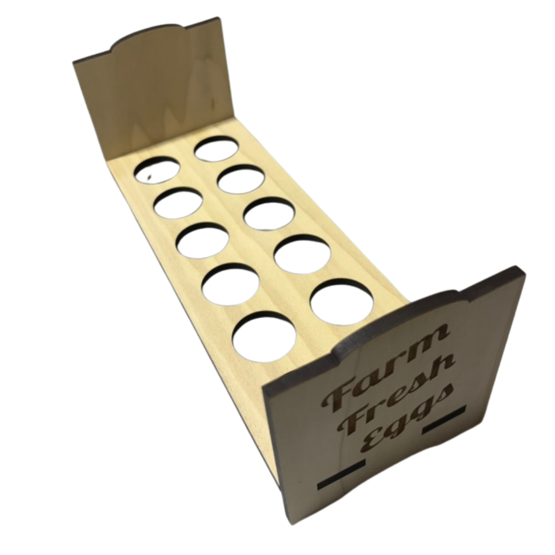 Farm fresh chicken eggs in a countertop egg holder by Quailz.com, showcasing a rustic kitchen display with eggs arranged neatly.