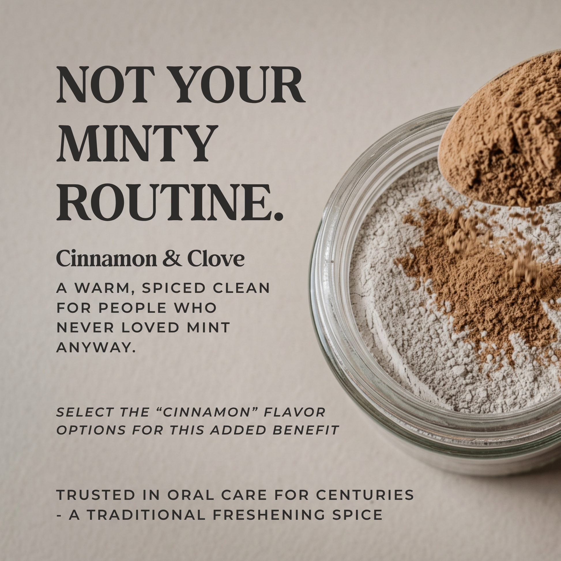 Cinnamon-flavored remineralizing tooth powder by Revive Homestead with hydroxyapatite and xylitol in a jar.
