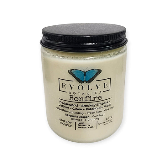 Classic 9oz Jam Jar Crystal Soy Candle - Bonfire (Obsidian & Mookaite)