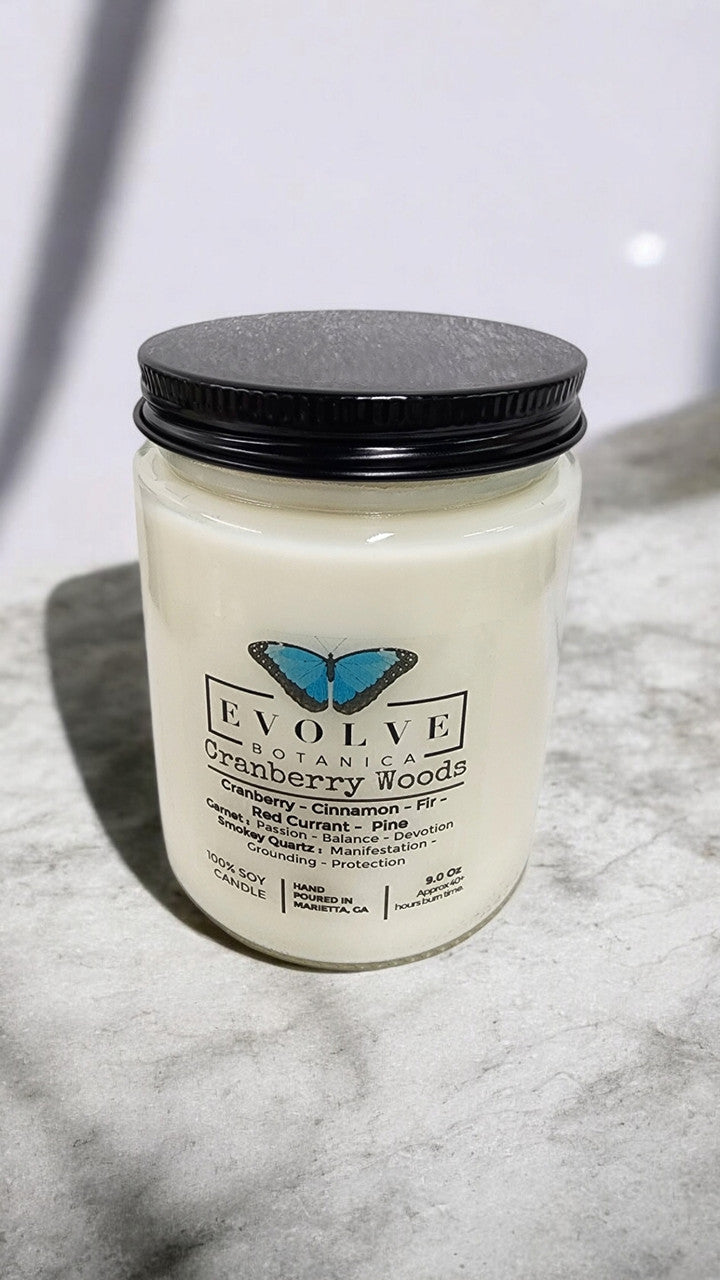 Classic 9oz Jam Jar Crystal Soy Candle - Cranberry Woods (Garnet & Smokey Quartz) - Blessings Grow Meadows