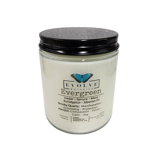 Classic 9oz Jam Jar Crystal Soy Candle - Evergreen (Smoky Quartz & Peridot)