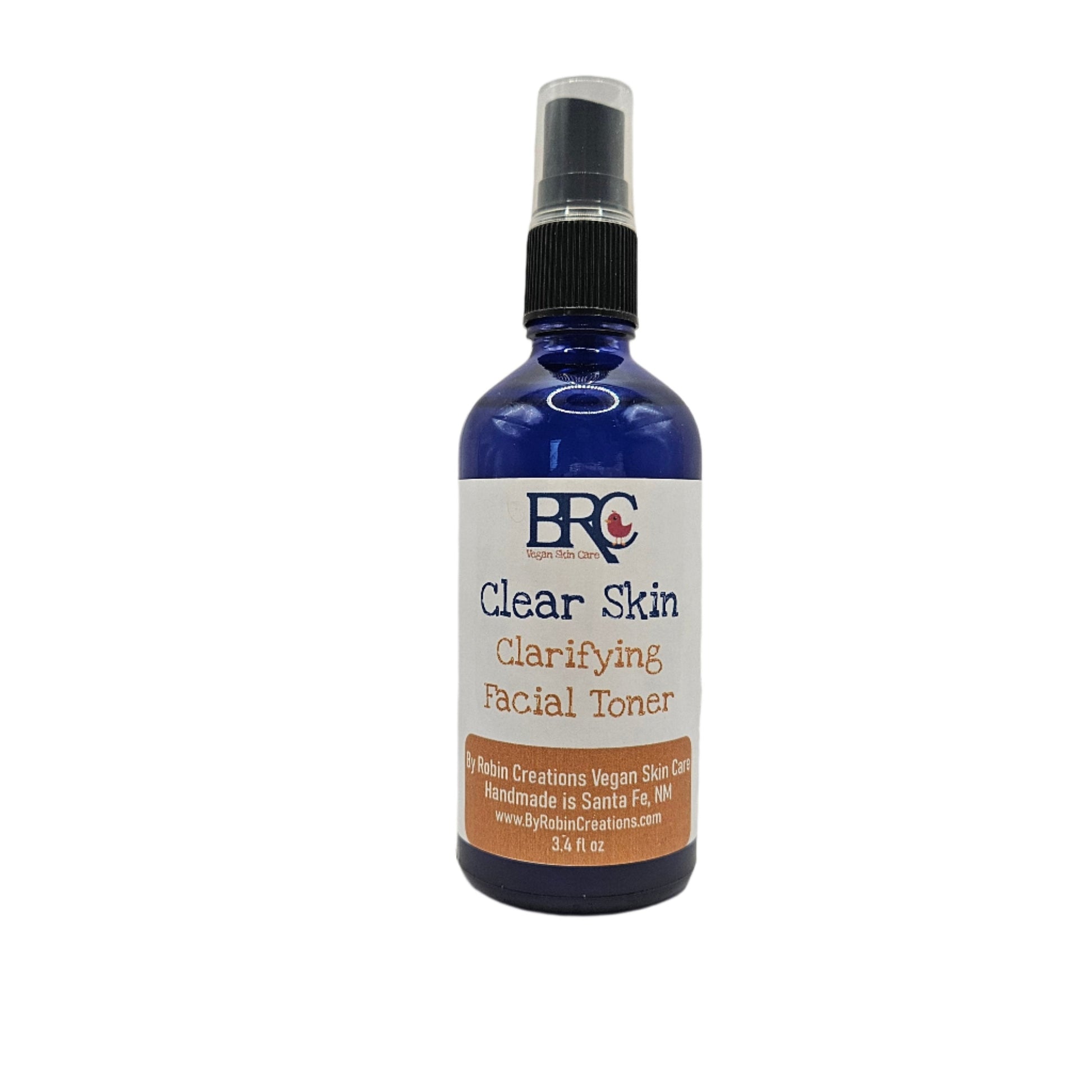 By Robin Creations Clear Skin Acne Clarifying Facial Toner Spray bottle with spray nozzle, designed to improve skin clarity.