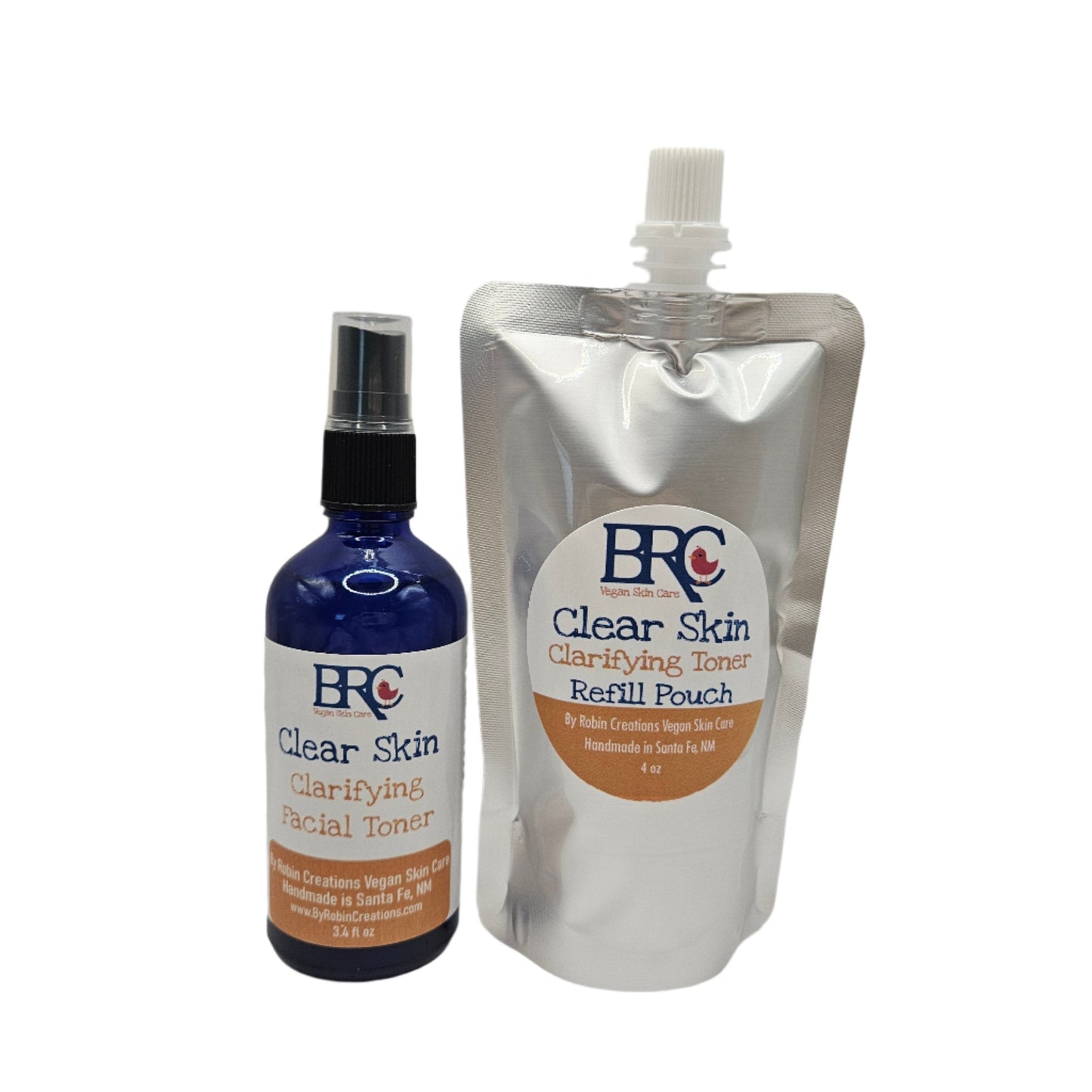 Reformulated Clear Skin Acne Clarifying Facial Toner Spray by Robin Creations, in a refill bottle, with a spray nozzle.