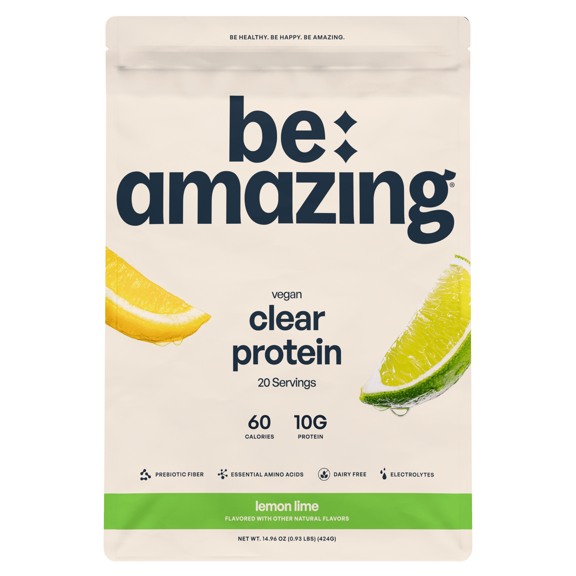 Be Amazing clear vegan protein drink in lemon lime flavor, showing the transparent bottle with vibrant lemon and lime slices.