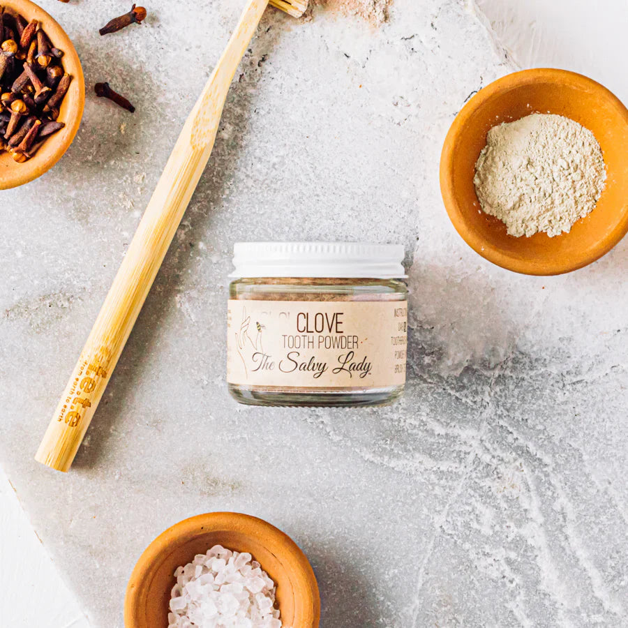 Clove-flavored tooth powder in a 2 oz jar from The Salvy Lady, fluoride-free, part of BuyNebraska.com's Bath & Body collection.