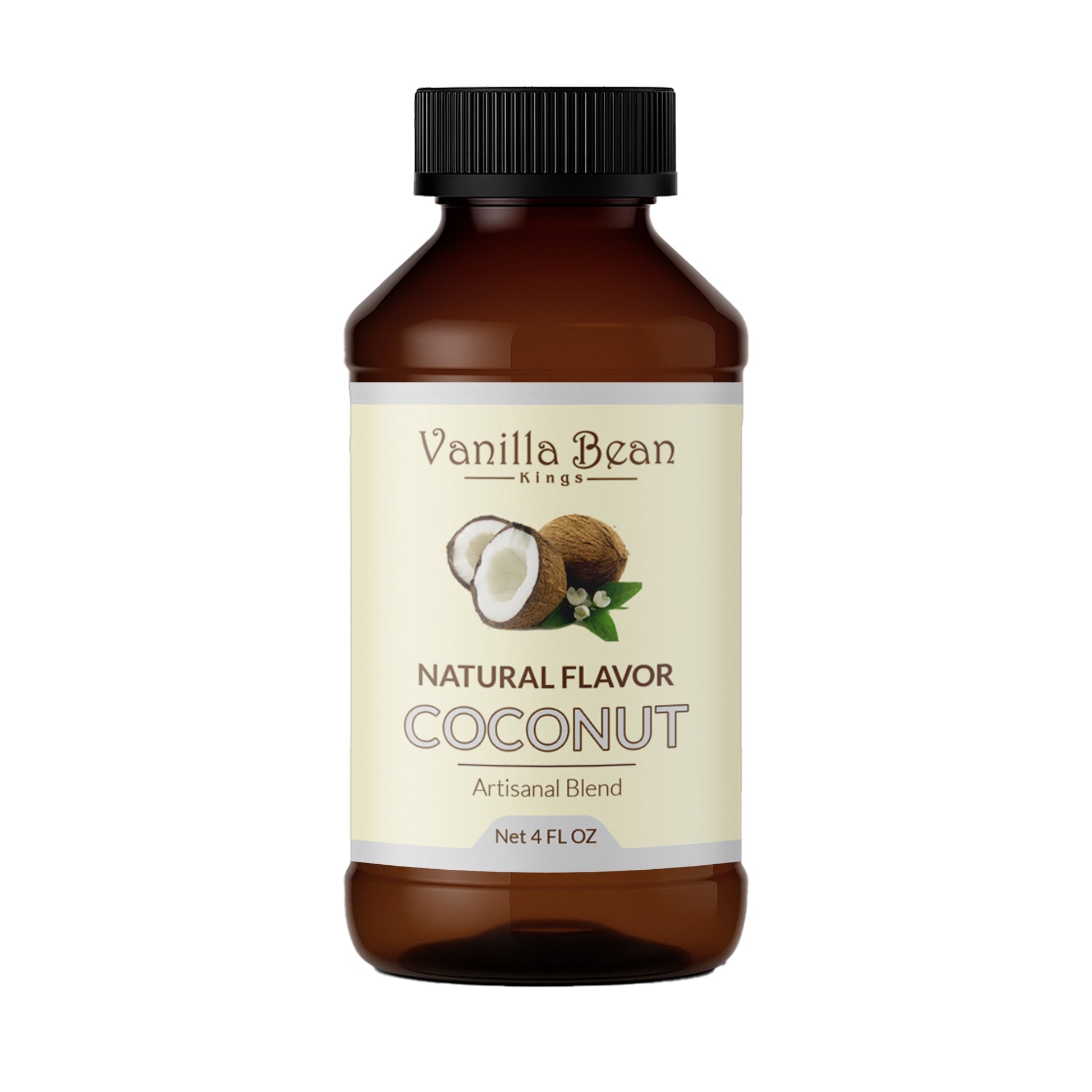 Natural coconut extract from Vanilla Bean Kings shown in a clear glass bottle with fresh coconuts in the background.