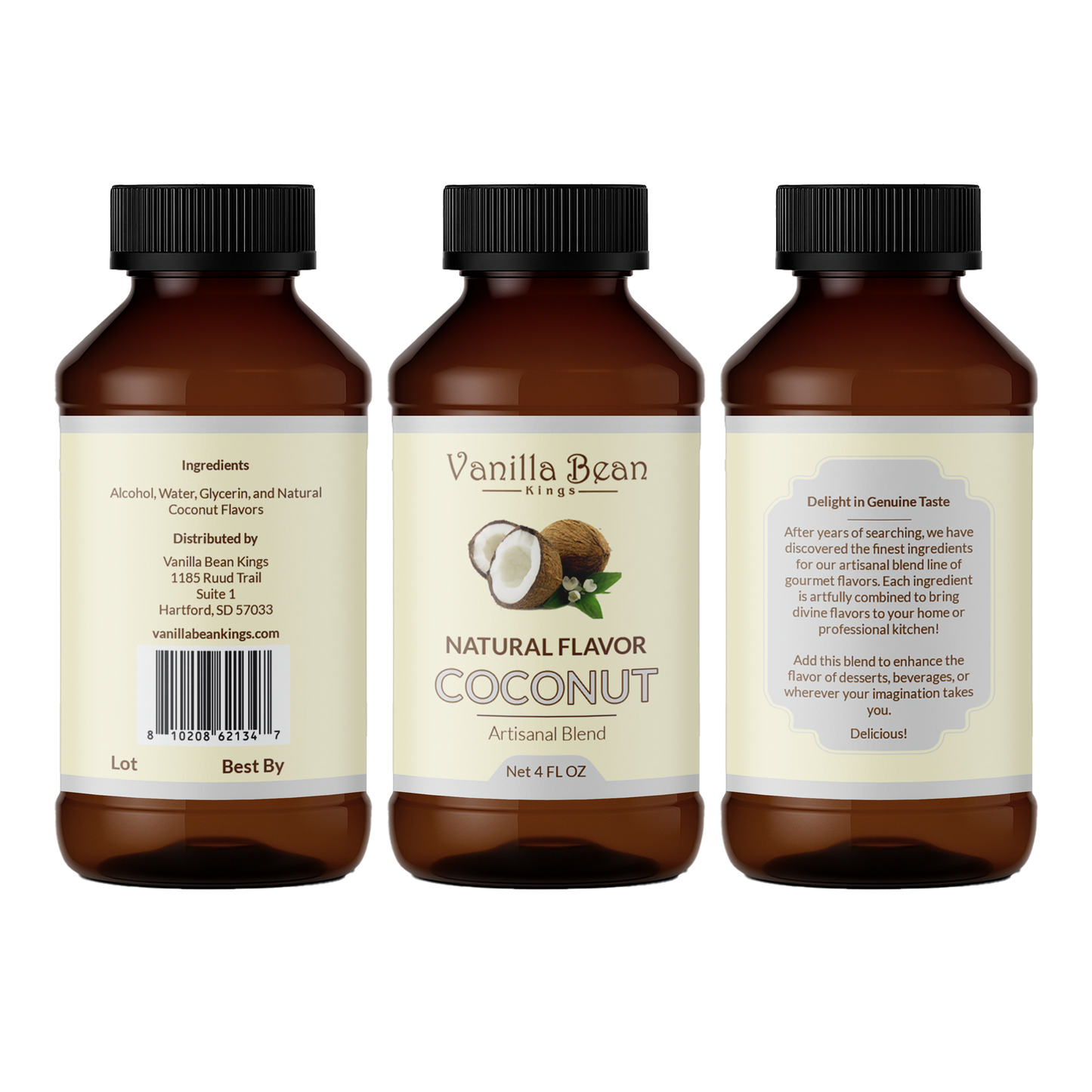 Natural coconut extract in a clear glass bottle, showcasing fresh coconut and vanilla bean accents, by Vanilla Bean Kings.