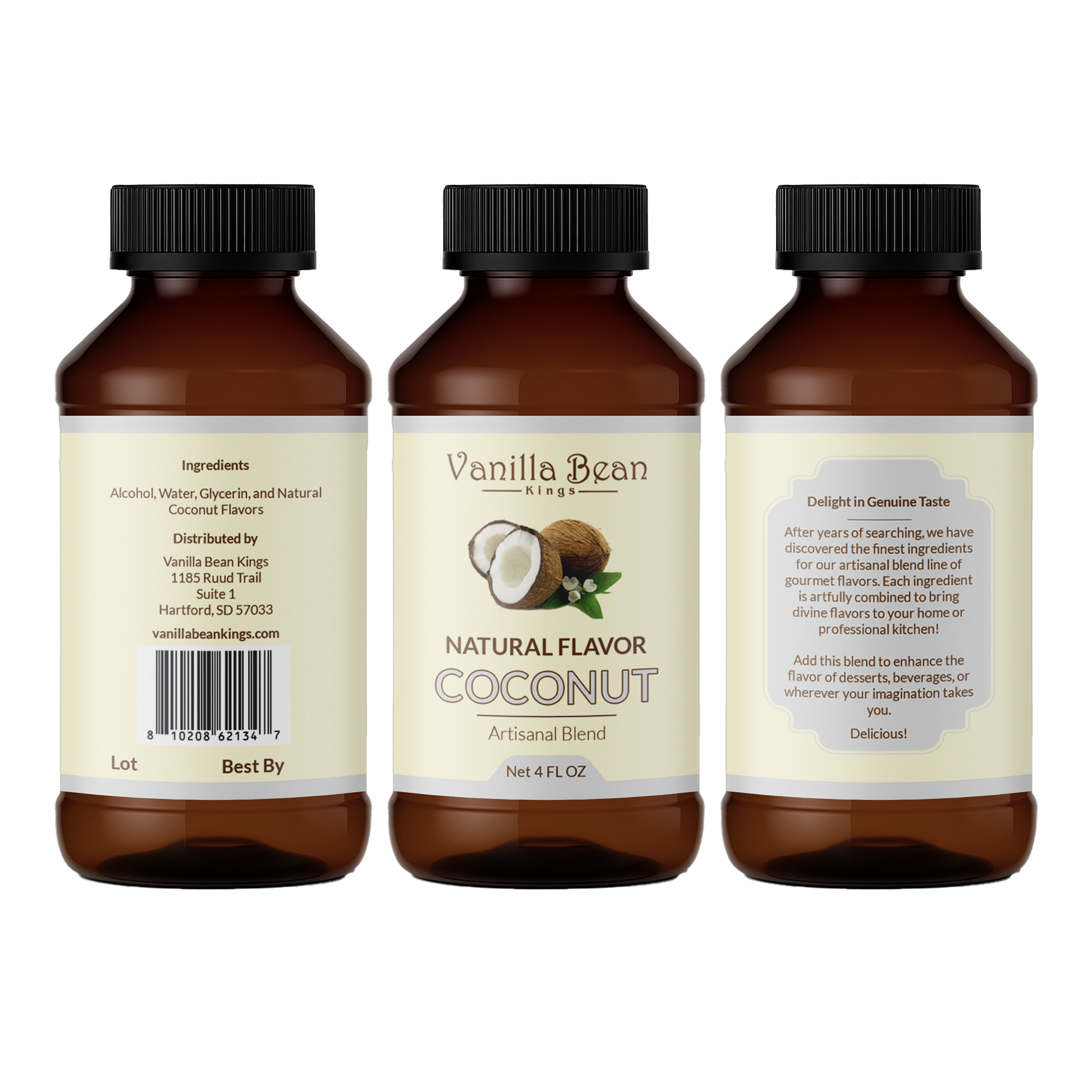 Natural coconut extract in a clear glass bottle, showcasing fresh coconut and vanilla bean accents, by Vanilla Bean Kings.