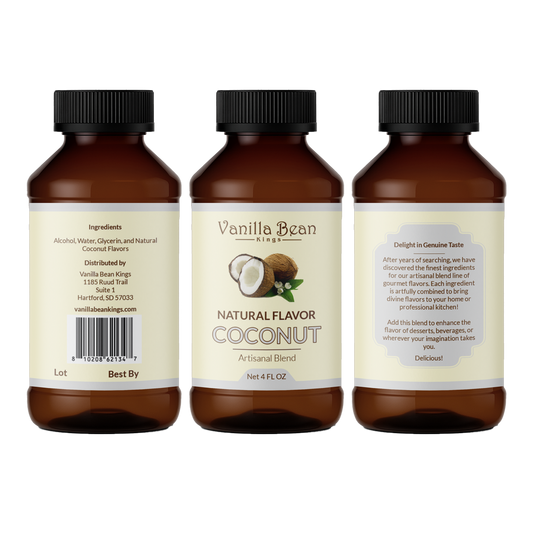 Natural coconut extract in a clear glass bottle, showcasing fresh coconut and vanilla bean accents, by Vanilla Bean Kings.