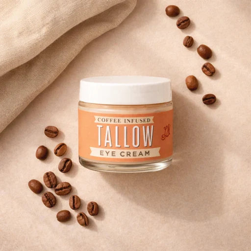 Lady May Tallow natural caffeine eye cream with tallow, shown in a flat lay with a coffee theme, ideal for under eye skincare.