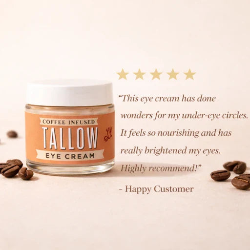Lady May Tallow natural caffeine eye cream in a jar, infused with coffee for brightening and moisturizing under-eye skin.