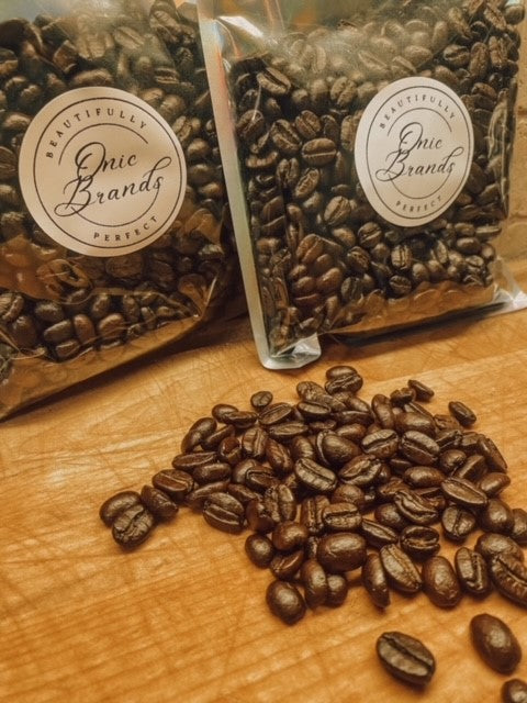 Onic Brands LLC carbon negative Nicaraguan dark roast coffee bag with branding and detailed label.