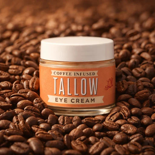 Lady May Tallow Natural Tallow Eye Cream jar surrounded by roasted coffee beans, showcasing the caffeine-infused under eye cream.