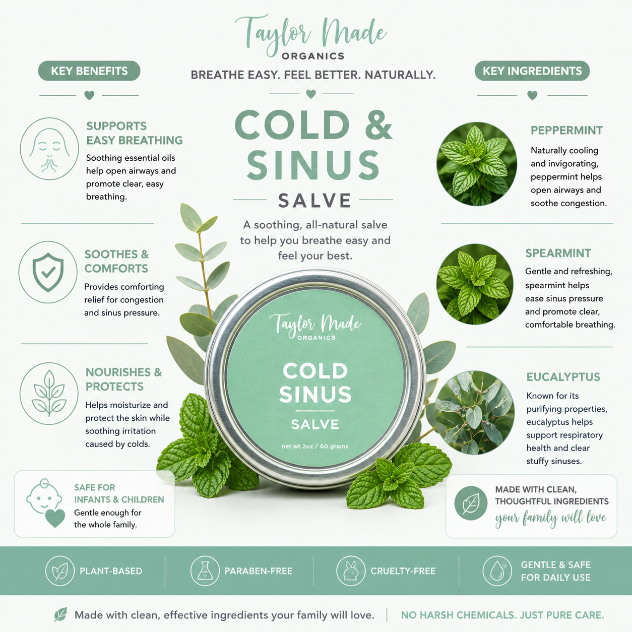 Cold & Sinus Organic Salve by Taylor Made Organics, showing key ingredients and natural herbal remedy for sinus relief.