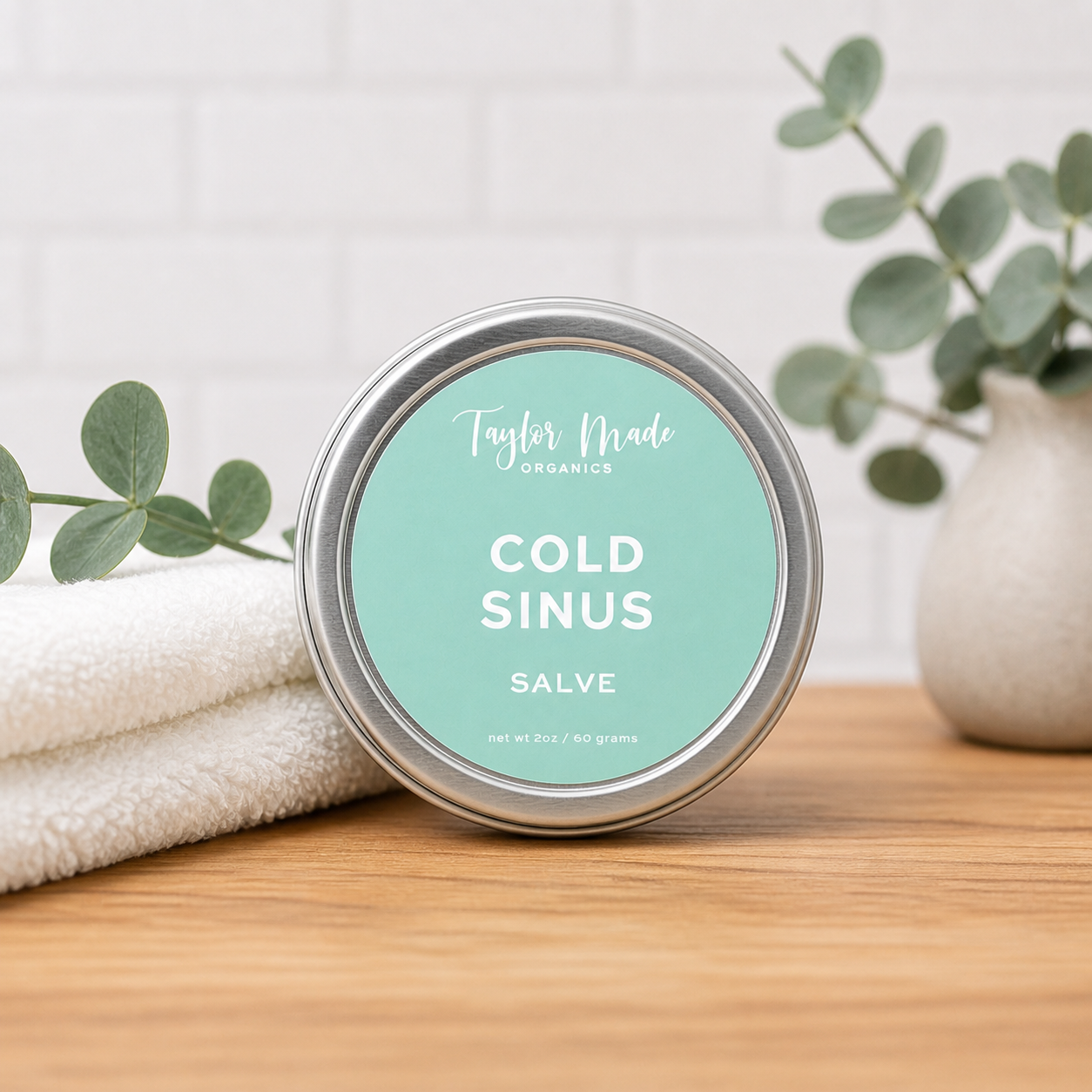 Taylor Made Organics Cold & Sinus Organic Therapeutic Salve jar with herbal ingredients and natural packaging.