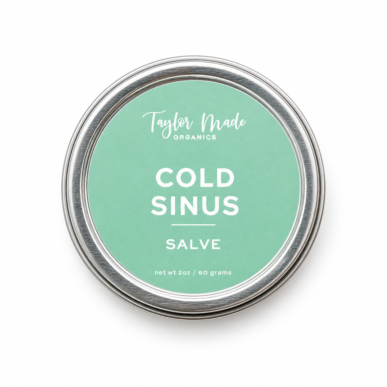 Taylor Made Organics Cold & Sinus Organic Therapeutic Salve in a small jar, with herbal ingredients for sinus relief.