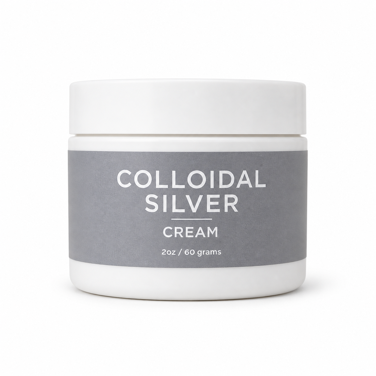 Organic colloidal silver cream in a 2oz jar, therapeutic skincare product by Taylor Made Organics with a silver-colored lid.