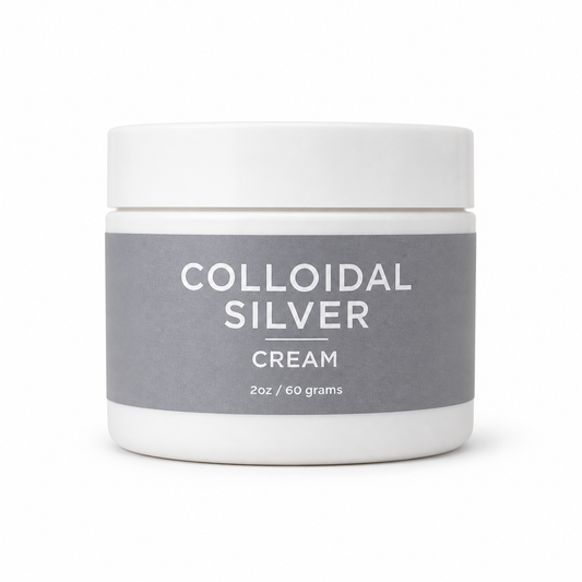 Organic colloidal silver cream in a 2oz jar, therapeutic skincare product by Taylor Made Organics with a silver-colored lid.