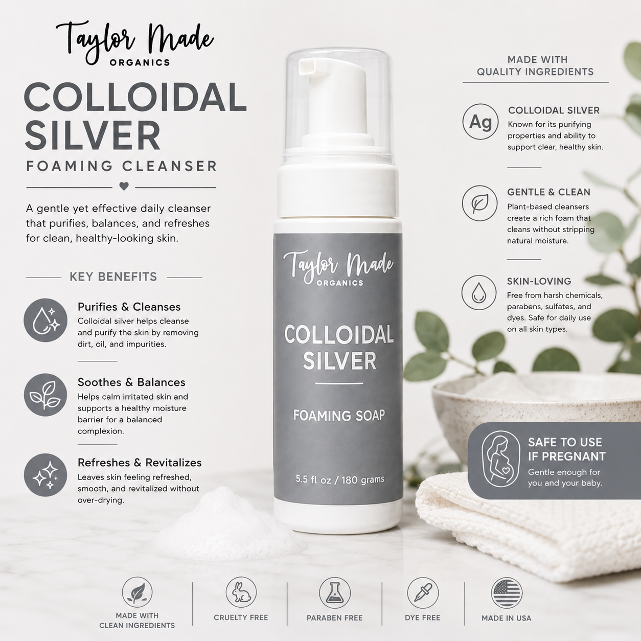 Organic colloidal silver foaming bar soap by Taylor Made Organics, sulfate-free with a natural cleansing formula.