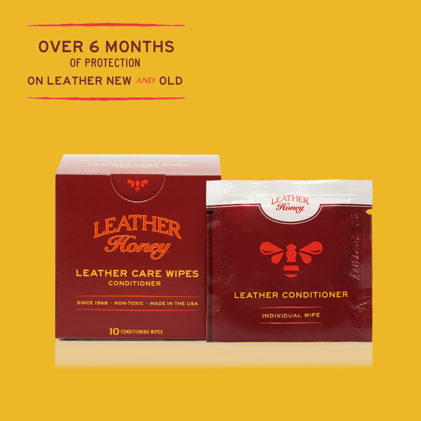 Leather Honey leather care wipes pack showing 10 soft wipes for cleaning and conditioning leather surfaces.