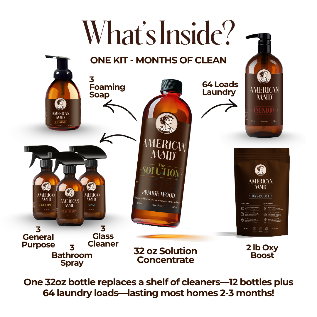 American Maid starter kit image showing cleaning supplies and tools included in the American Maid cleaning product set.