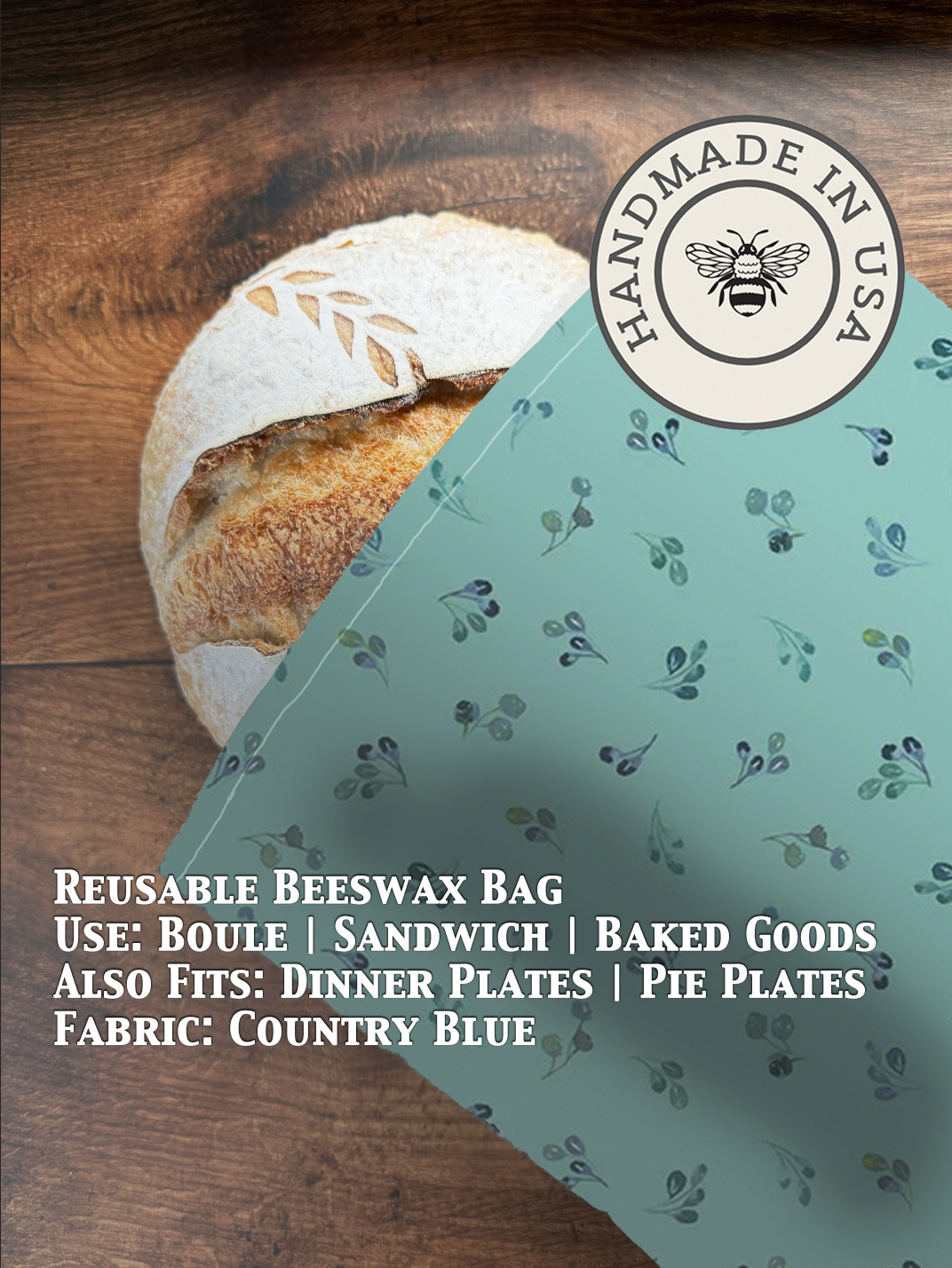 Blue beeswax bread bag from Five Oaks Farm with natural cotton exterior and beeswax coating for fresh bread storage.