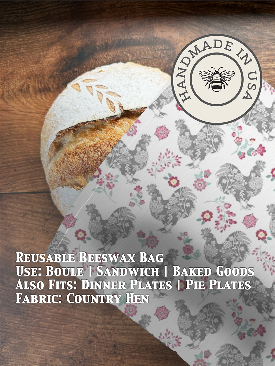 Beeswaxed bread bag from Five Oaks Farm with country hen illustration, ideal for storing and keeping bread fresh.