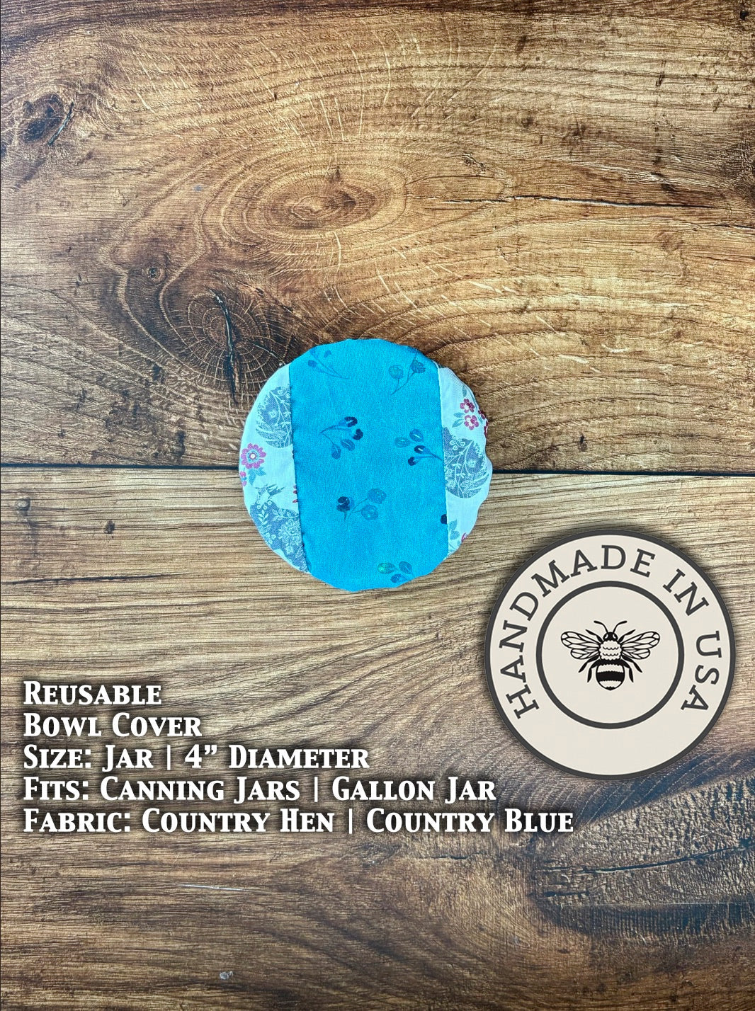 Blue ceramic jar cover from Five Oaks Farm's Country Hen collection, designed for preserving jars.
