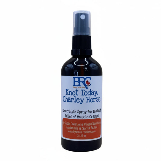 By Robin Creations Knot Today, Charley Horse electrolyte spray for muscle cramps, PMS, runners, and growing pains in a 3.4oz bottle.