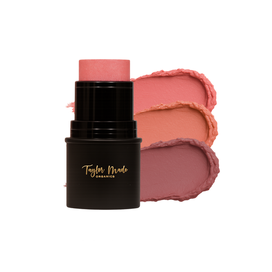 Organic cream multistick by Taylor Made Organics, featuring blush, bronzer, and highlighter for cheeks, lips, and eyes in a trio set.