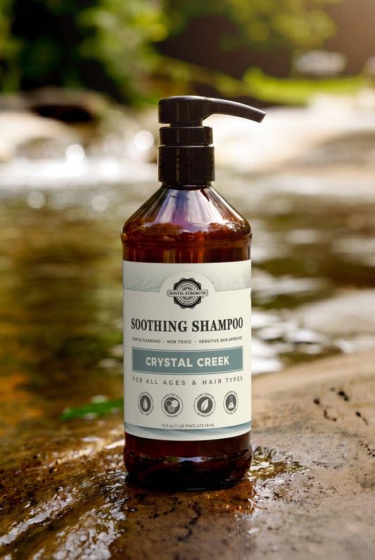 Rustic Strength Crystal Creek Soothing Shampoo bottle with label, featuring natural ingredients and gentle hair cleansing formula.