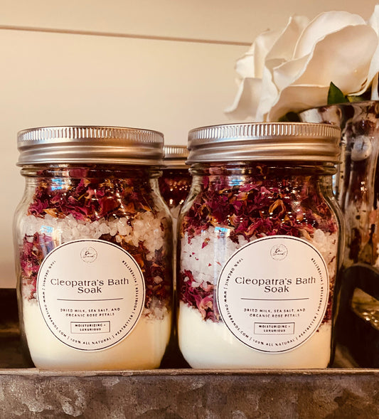 Onic Brands Cleopatra Bath Soak in a jar, featuring natural ingredients and a luxurious presentation for relaxing bath experiences.