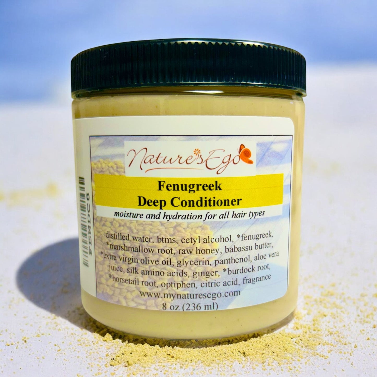 NaturesEgo Fenugreek Deep Conditioner with babassu, ginger, horsetail, burdock, and marshmallow for nourishing hair care.