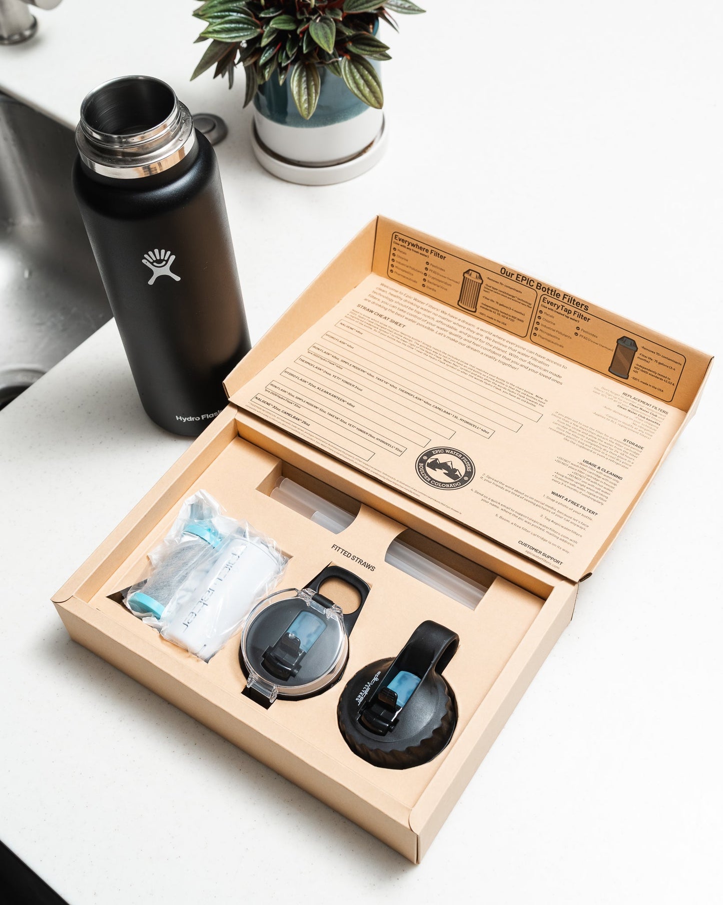 Answer 2.0 water filter for bottles compatible with Hydro Flask and Nalgene, from Epic Water Filters USA, shown in a clear image.