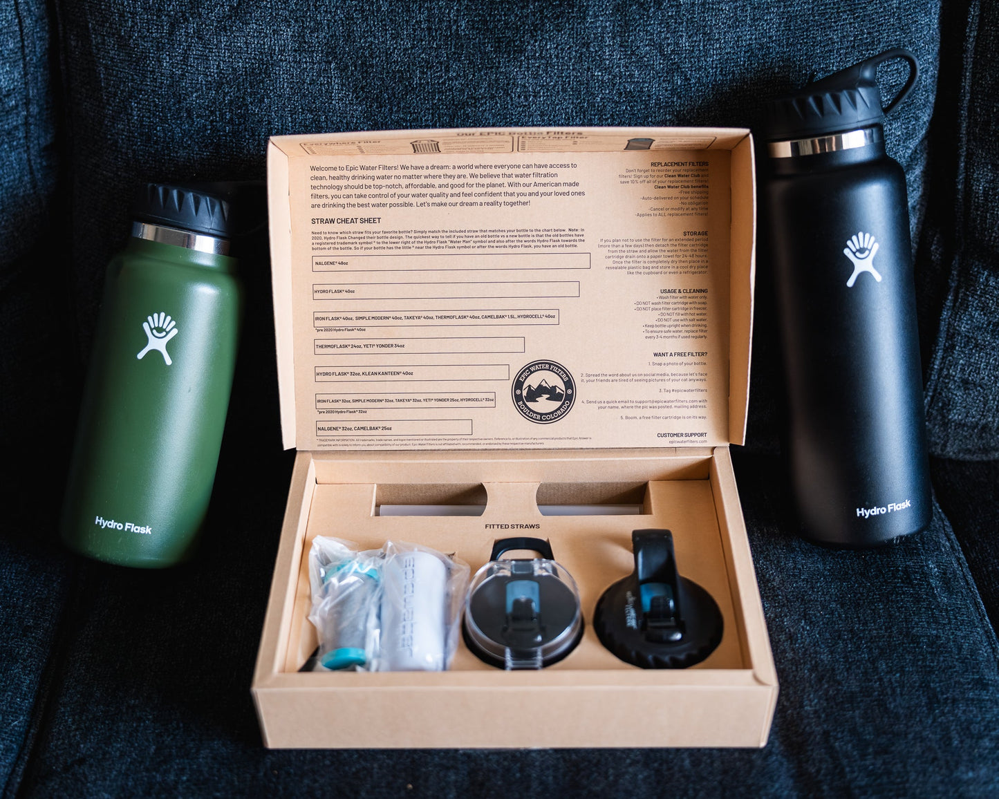 Answer 2.0 water filter pitcher by Epic Water Filters USA compatible with Hydro Flask and Nalgene bottles, with clear filter cartridge inside.