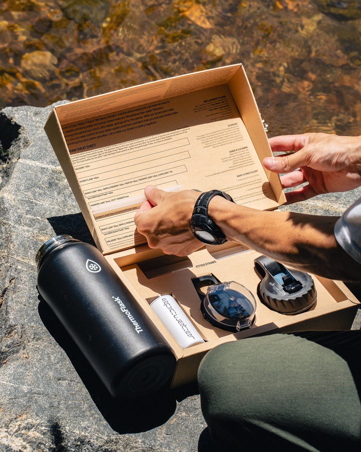 Answer 2.0 water filter cap compatible with Hydro Flask and Nalgene bottles, shown on a clear bottle with a black lid.