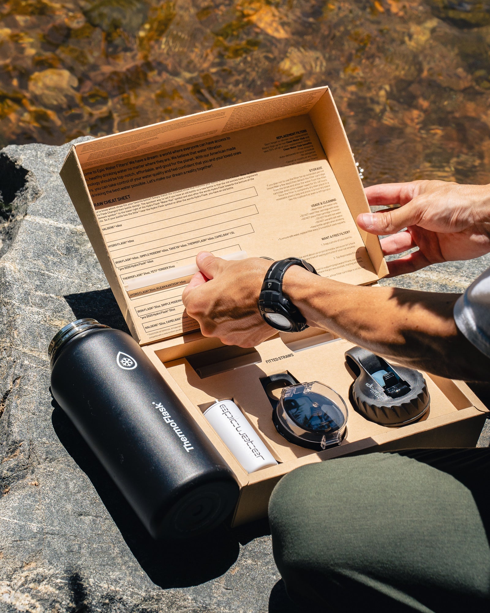 Answer 2.0 water filter cap compatible with Hydro Flask and Nalgene bottles, shown on a clear bottle with a black lid.