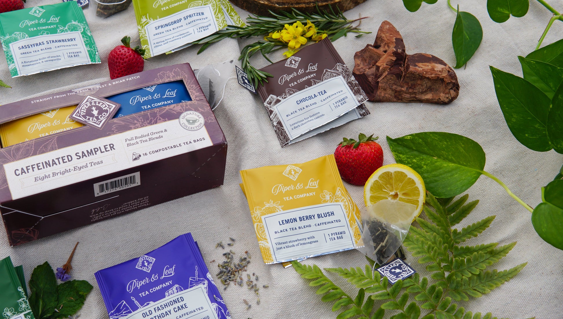 Box of 12 Piper and Leaf Tea Co. caffeinated tea bags in a tasting flight, featuring colorful packaging and individual tea sachets.