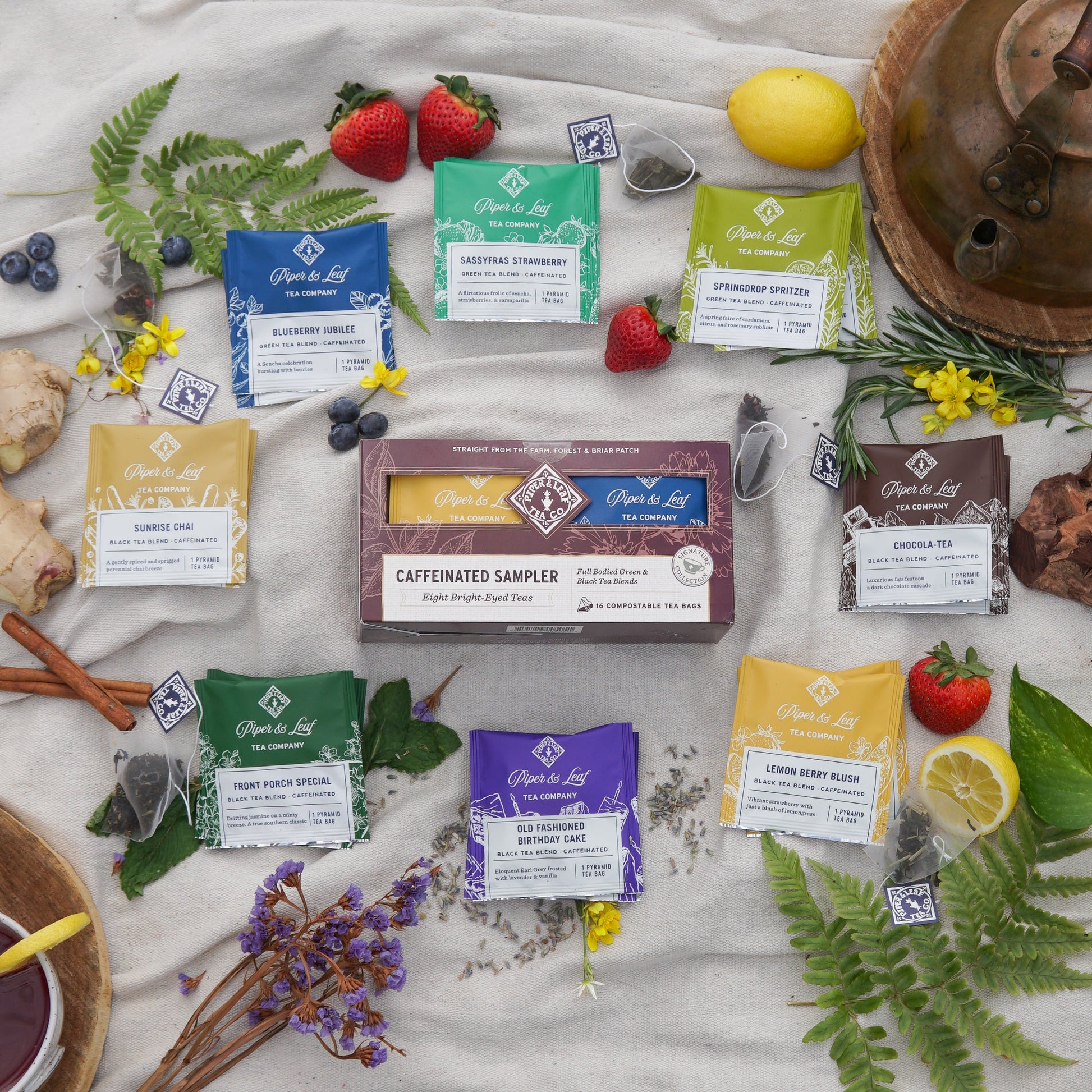 Assorted Piper and Leaf Tea Co. caffeinated tea bags in a tasting flight box with 12 individual tea bags on a white background.