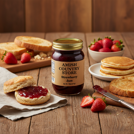 Canned Amish Country Store strawberry jam jar with red and white label, 18 oz, featuring fresh strawberries on a white background