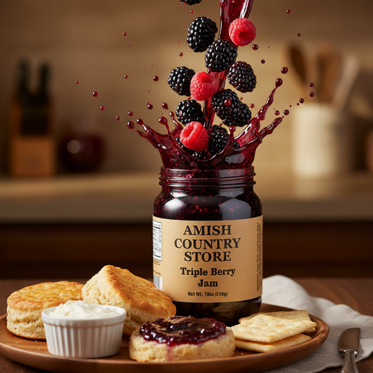 Canned triple berry jam jar from Amish Country Store, 18oz, with a label showing fresh berries and jam texture.