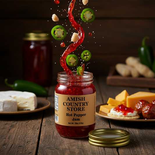 Amish Country Store hot pepper jam in a jar, canned goods, 18oz, with bright red peppers visible in the jam