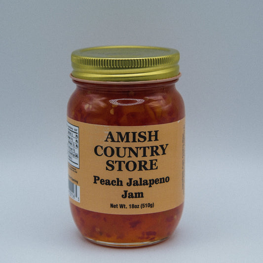 Amish Country Store Peach Jalapeno Jam in 18oz can, featuring a jar of sweet peach jam with spicy jalapeno peppers.