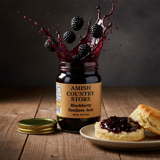Canned Amish Country Store Blackberry Seedless Jam jar with label, 18 oz, showcasing rich, dark berry jam inside.